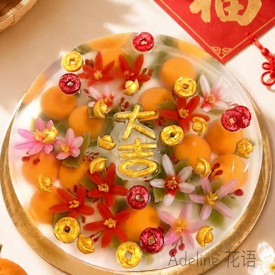 Round jelly cake with gold coins and red blossoms for Chinese New Year