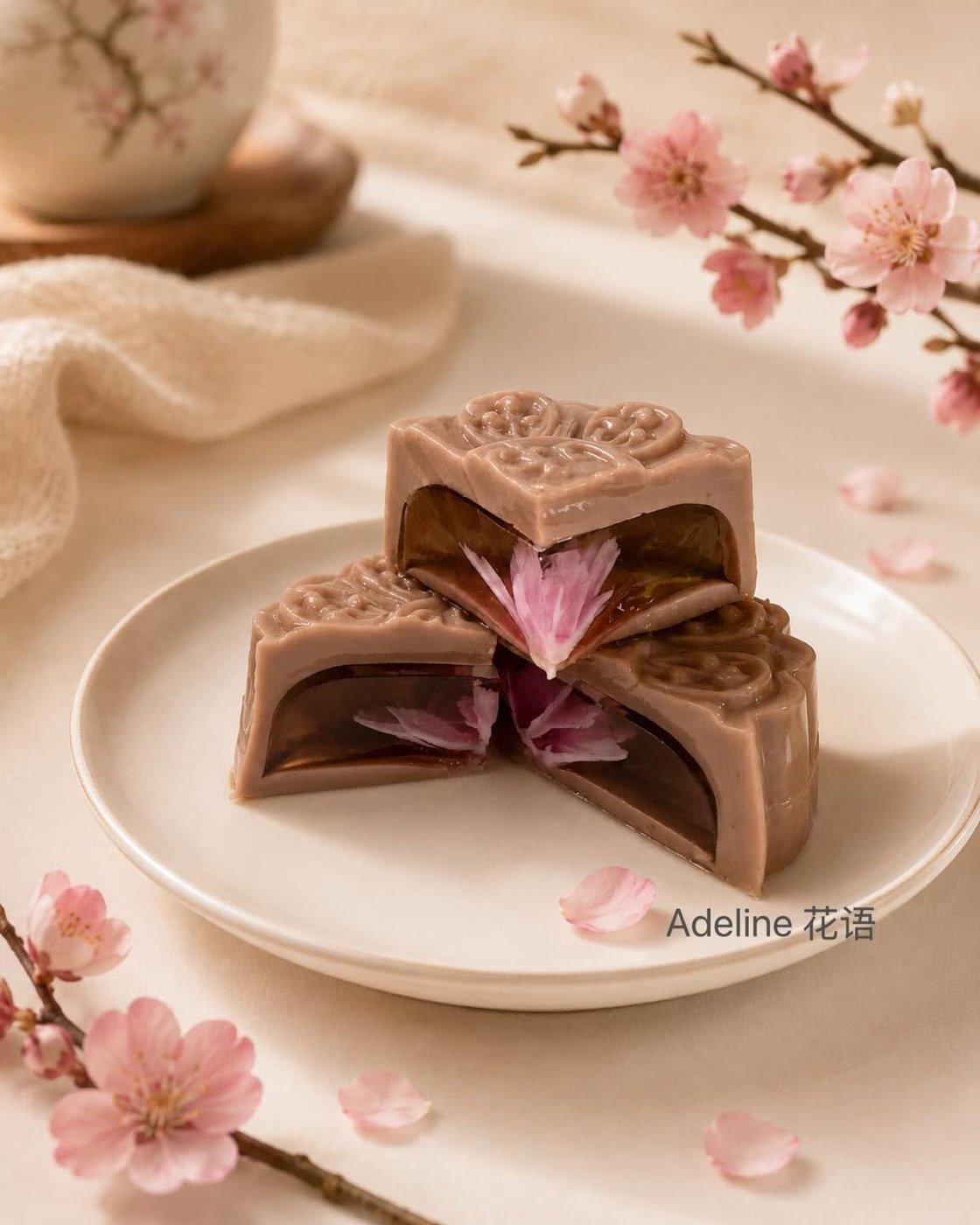 Mooncake-shaped jelly with a cherry blossom centre