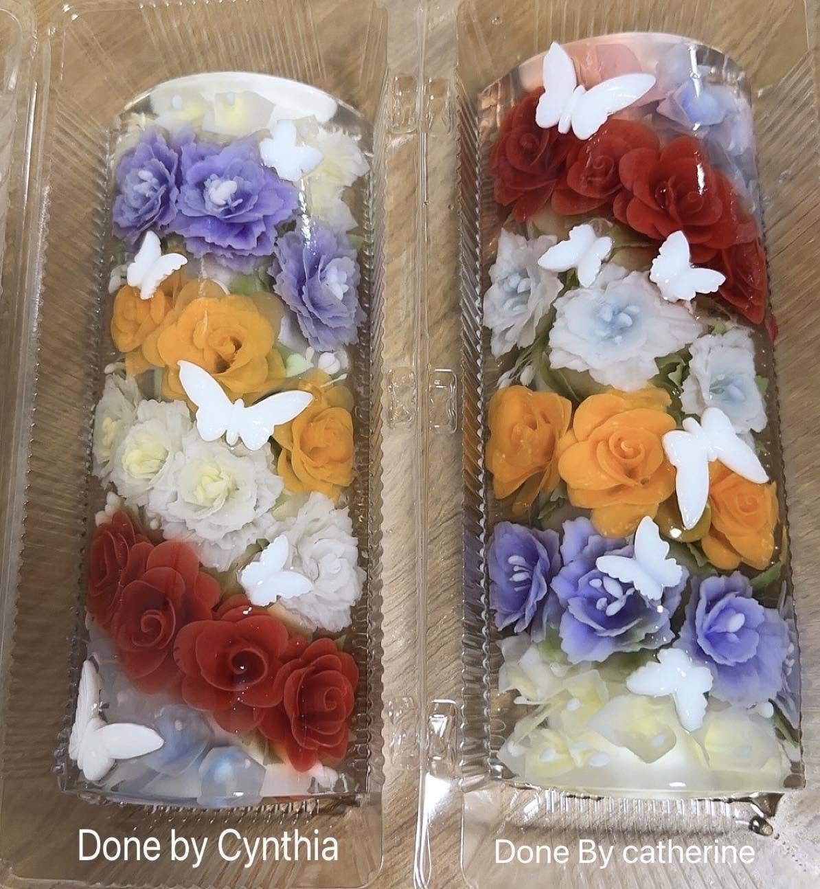 Two rectangular jelly bars with roses and butterflies, made by students Cynthia and Catherine