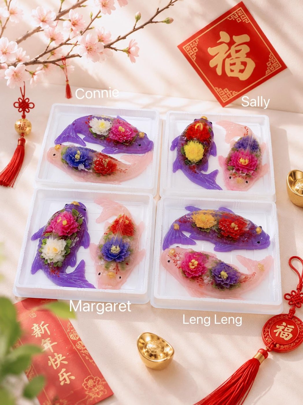 Four koi fish jelly trays made by students Connie, Sally, Margaret and Leng Leng