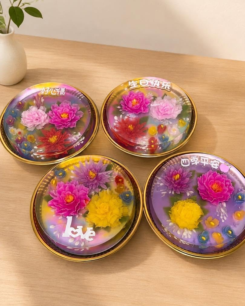 Four round tin jelly cakes with different floral designs and messages